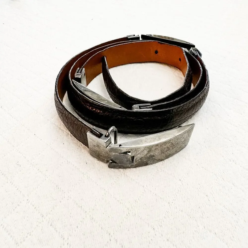 Joan Helpern Black Leather Belt Silver Buckles Size L